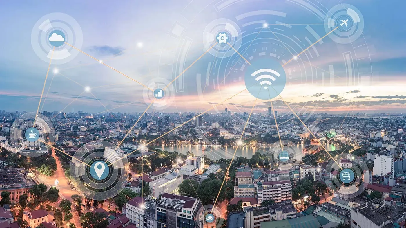 Luftbild einer vernetzten und smarten City mit LoRaWan